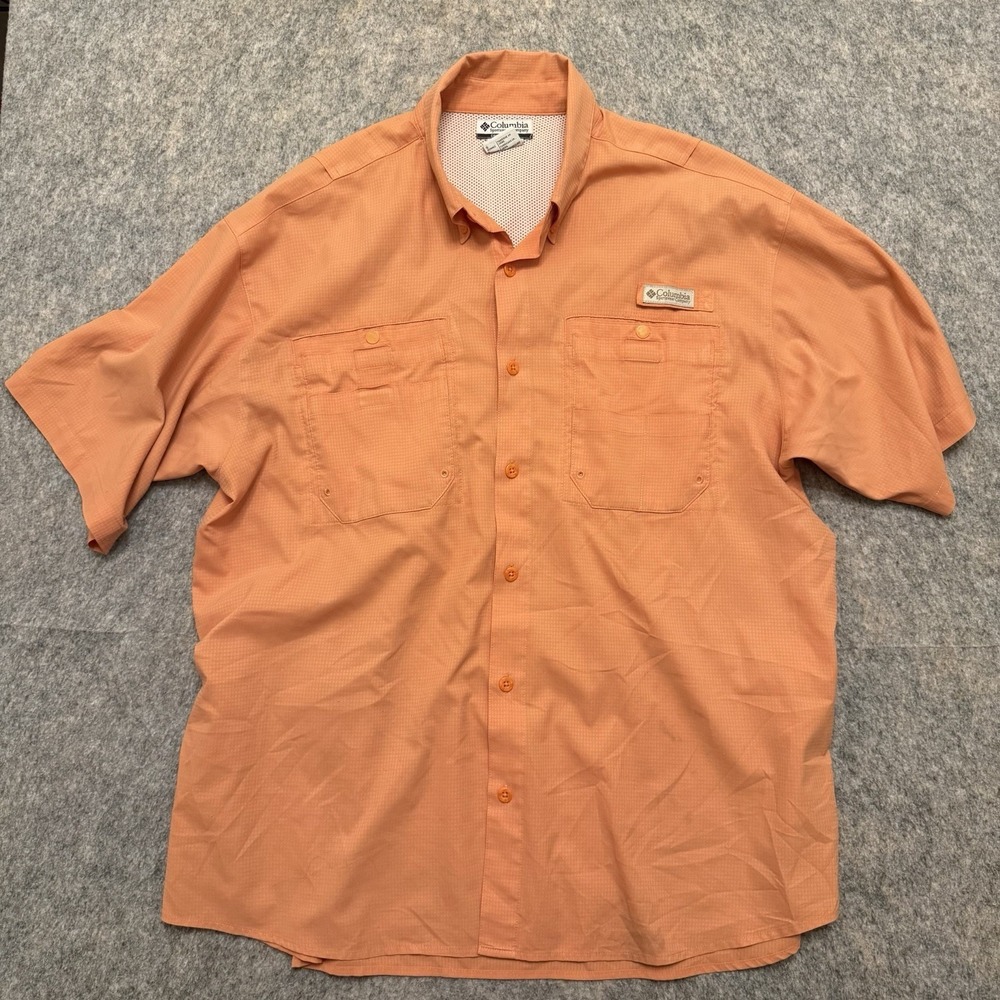 Columbia PFG Fishing Shirt Mens Large Orange Omni Shade Vented Short Sleeve
